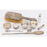 A collection of mixed silver items to include; a late Victorian silver hand brush, foliage/floral