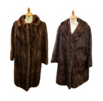 Two fur coats, one mid brown, full length with a large cowl collar, early to mid 1950s (some wear on