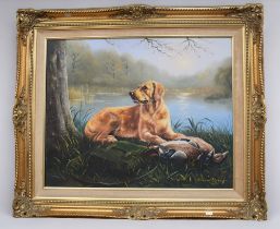 Two large late 20th Century oils on canvas by Richard Blowey of a retriever and a tiger, both in