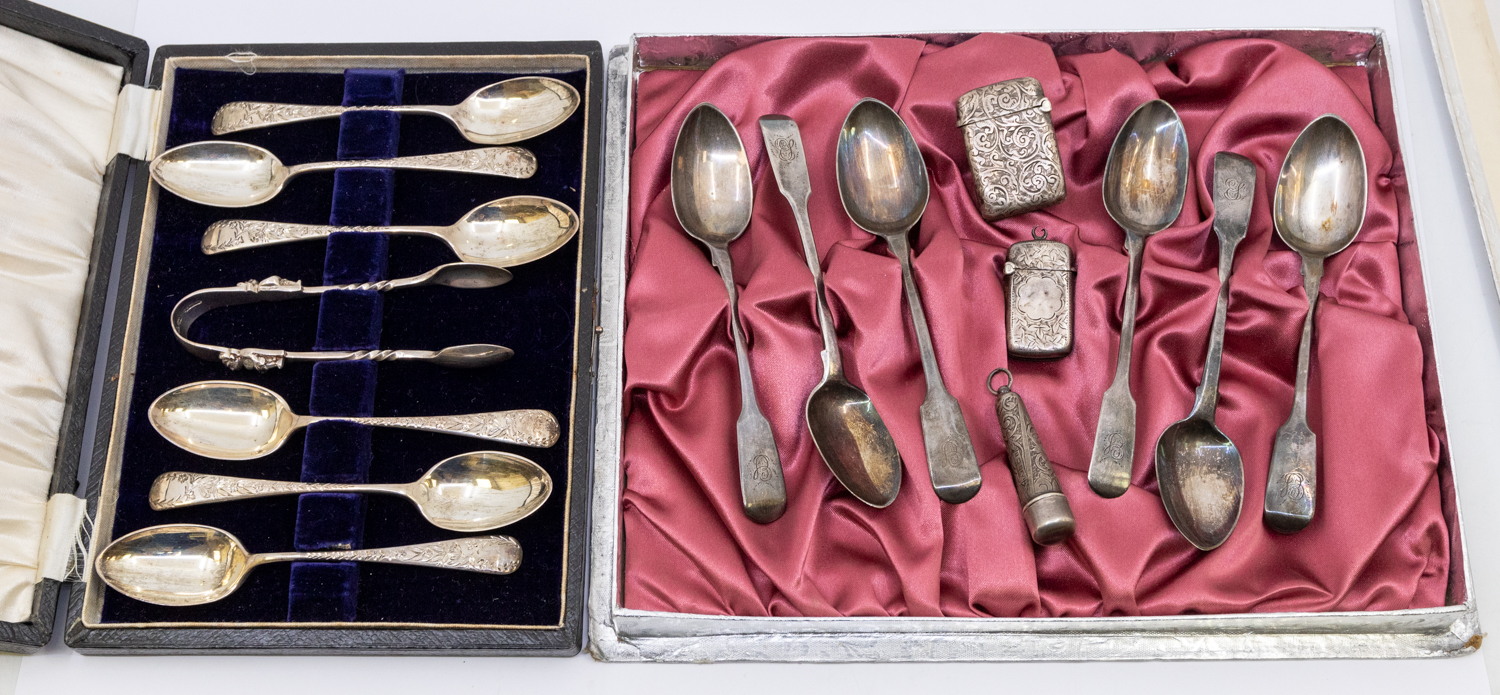 A collection of silver items to include; a cased set of six George V silver teaspoons, all with