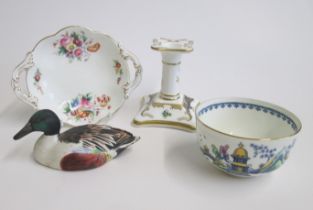 A Small Selection of Coalport Porcelain  including a Candlestick,  Small Bowl, Twin handled oval