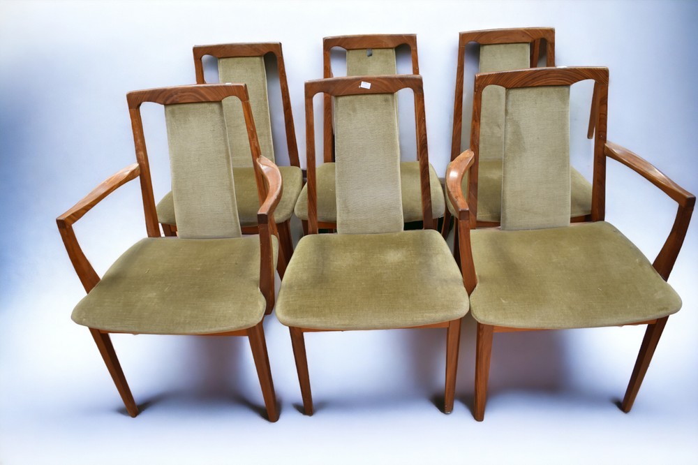 Set of six chairs to include two carvers, 1960s G plan dining chairs with green velvet seats and