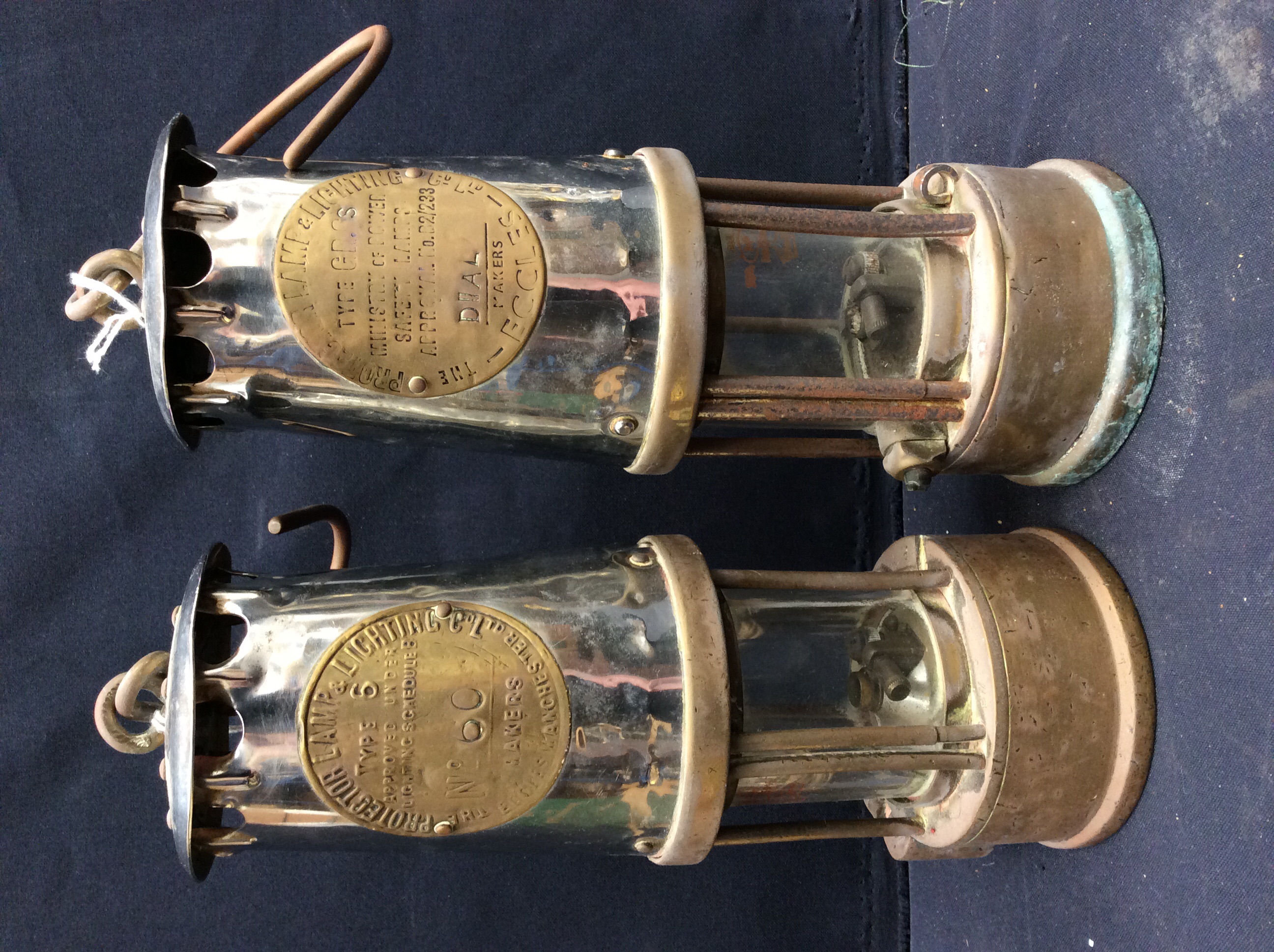 Two 20th century Eccles/Manchester miners lamps, both with plaques. Along with two modern decorative - Image 3 of 3