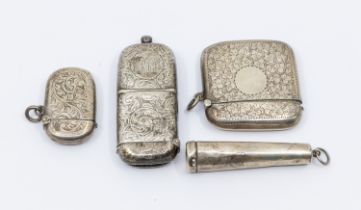 A collection of silver items to include; a late Victorian combination sovereign and vesta case,