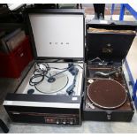 A vintage table top 60s record player, a 1950s portable record player, a Bakerlite 1930s radio and a