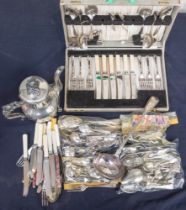 A collection of mixed silver plated items to include; a James Dixon plated coffee pot, a cased