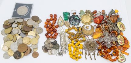 A collection of mixed costume jewellery, including a collection of various amber jewellery including