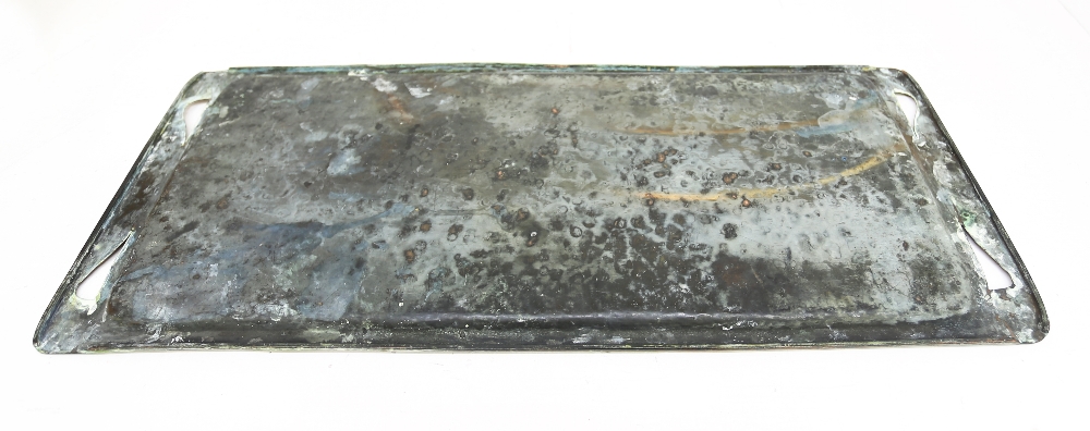 An Arts & Crafts hammered / planished copper two handled rectangular tray, the handles applied - Image 4 of 4