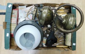 Early 20th Century pewter bowls, brass oil lamp converted, vintage cased horn( perished rubber)