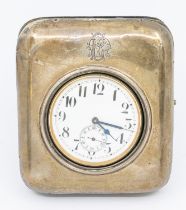 A Goliath white metal open faced pocket watch, enamel dial with Arabic markers, subsidiary dial at