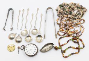 A pair of Georgian silver sugar nips, along with continental white metal tea spoons modelled as