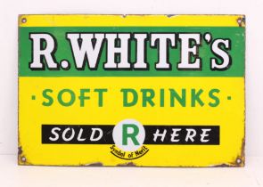 Advertising: An R White's Soft Drinks Sold Here, single-sided enamel sign, white, green, yellow