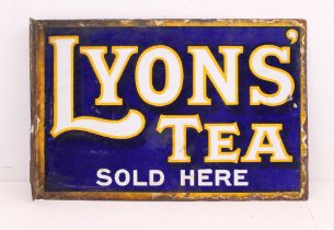 Advertising: A Lyons' Tea Sold Here, double-sided enamel sign, blue, white and yellow enamel.