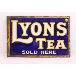 Advertising: A Lyons' Tea Sold Here, double-sided enamel sign, blue, white and yellow enamel.