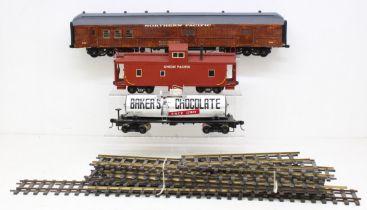 Model Railway: A collection of three G Gauge rolling stock wagons, together with a collection of G