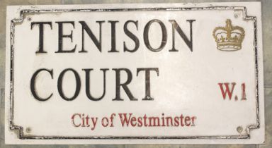 City of Westminster: A cast aluminium street sign for 'Tenison Court W1'. With a raised black