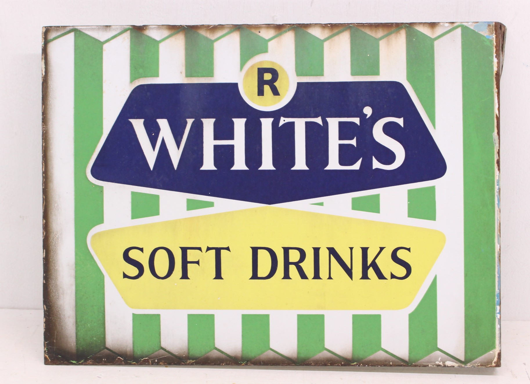 Advertising: An R White's Soft Drinks, double-sided enamel sign, green, white, blue and yellow - Image 2 of 2