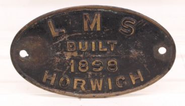Railwayana: An oval London, Midland and Scottish Railway worksplate, 'LMS Built 1898 Horwich'.