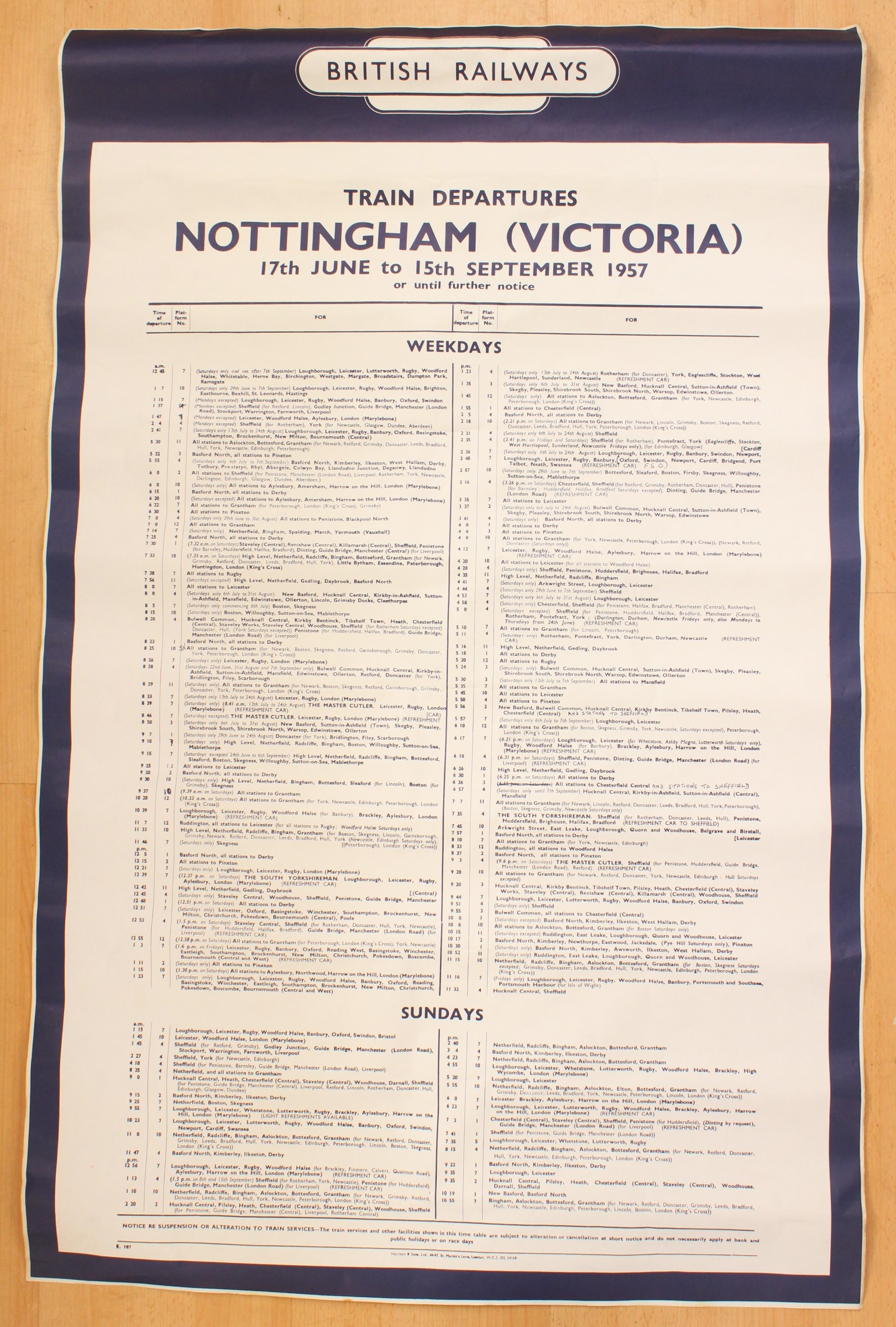 Railwayana: A 'British Railways Train Departures Nottingham (Victoria)' 1957 poster, measuring