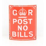 Railwayana: An early 20th century, 'GR Post No Bills' curved enamel sign, possibly removed from a
