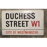 City of Westminster: An enamelled steel street sign for 'Duchess Street W1, City of Westminster'.