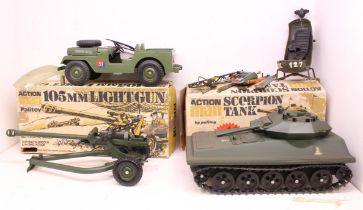 Action Man: A pair of boxed Palitoy Action Man vehicles, Scorpion Tank and 105mm Light Gun; together