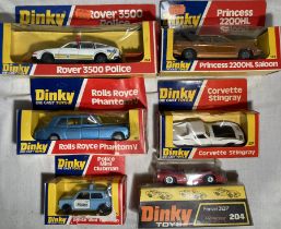 Dinky: A collection of six boxed Dinky Toys vehicles to include: Rover 3500 Police 264; Police