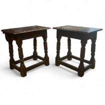 A pair of oak joint stools with GT Rackstraw Ltd labels Approximately 45cm x 27cm x 45cm