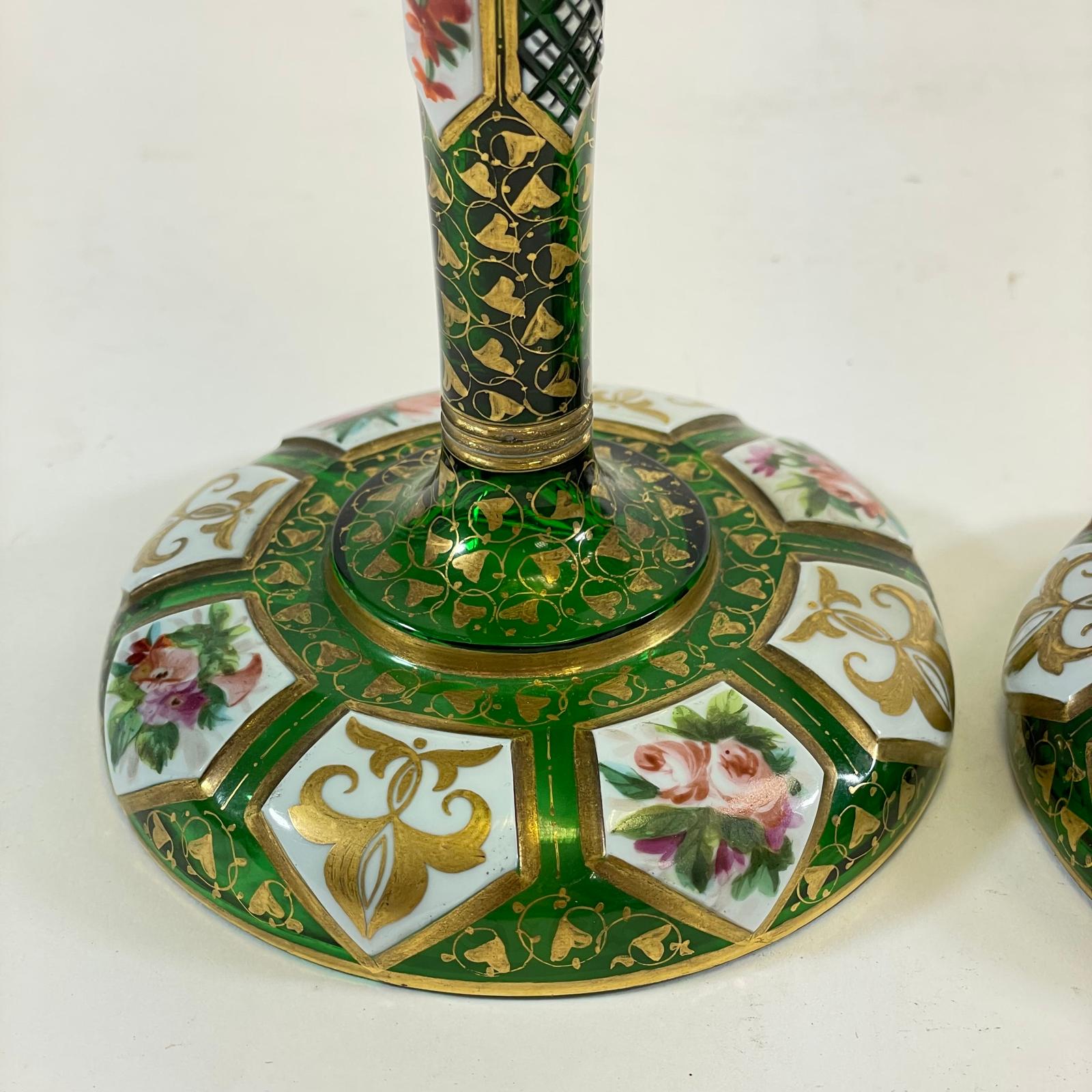 A pair of Bohemian Green Glass Trumpet vases with floral decoration.  10cm diameter x 29 cm tall. - Image 4 of 6