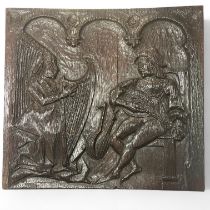 An antique carved oak panel. lady playing the harp and a man playing a lute 34cm x 2cm x 32cm