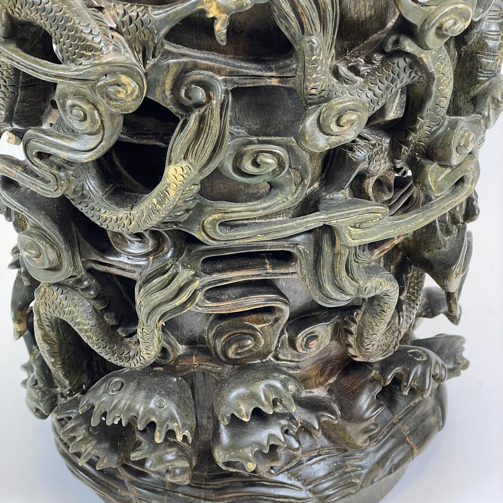 Large Deeply Carved Hardwood Chinese Brush Pot / Vase. Profusely Decorated With Dragons & - Image 3 of 9