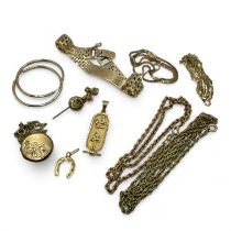 A collection of gold jewellery. Comprising 9ct gold hallmarked chains, an engraved ID bracelet and a
