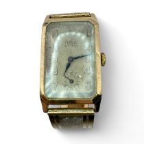 A 9ct gold cased Art Deco Rone 16 jewel wrist watch. Featuring a "9ct back and front belt style
