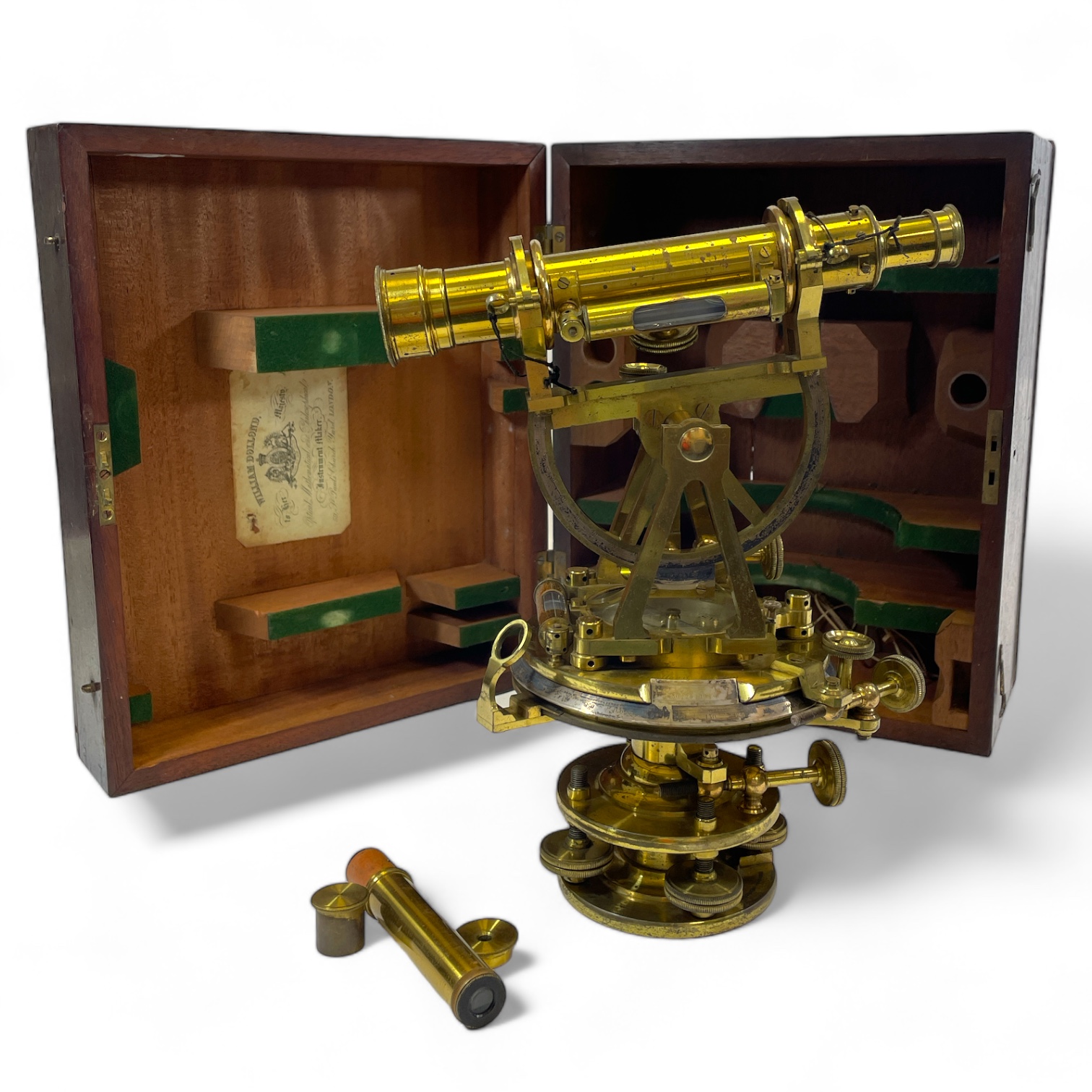 A theodolite by William Dollond - instrument maker to Her Majesty, with attachments in a fitted box.