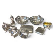 A collection of silver ware to include a pair of sweet meat dishes, 3 napkin rings, three cruet