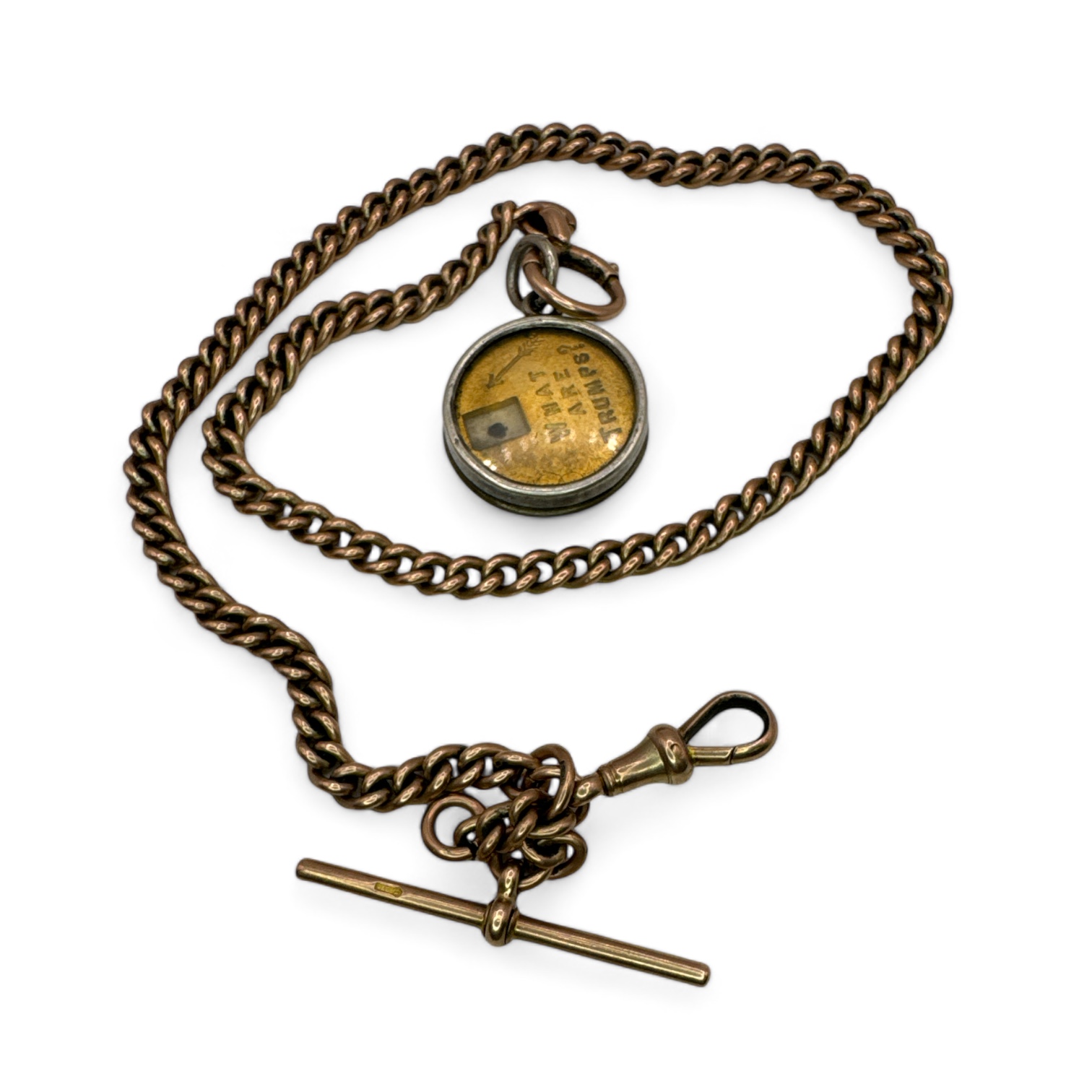 A 9ct yellow gold Albert watch chain with a silver trump marker. Overall length of the chain