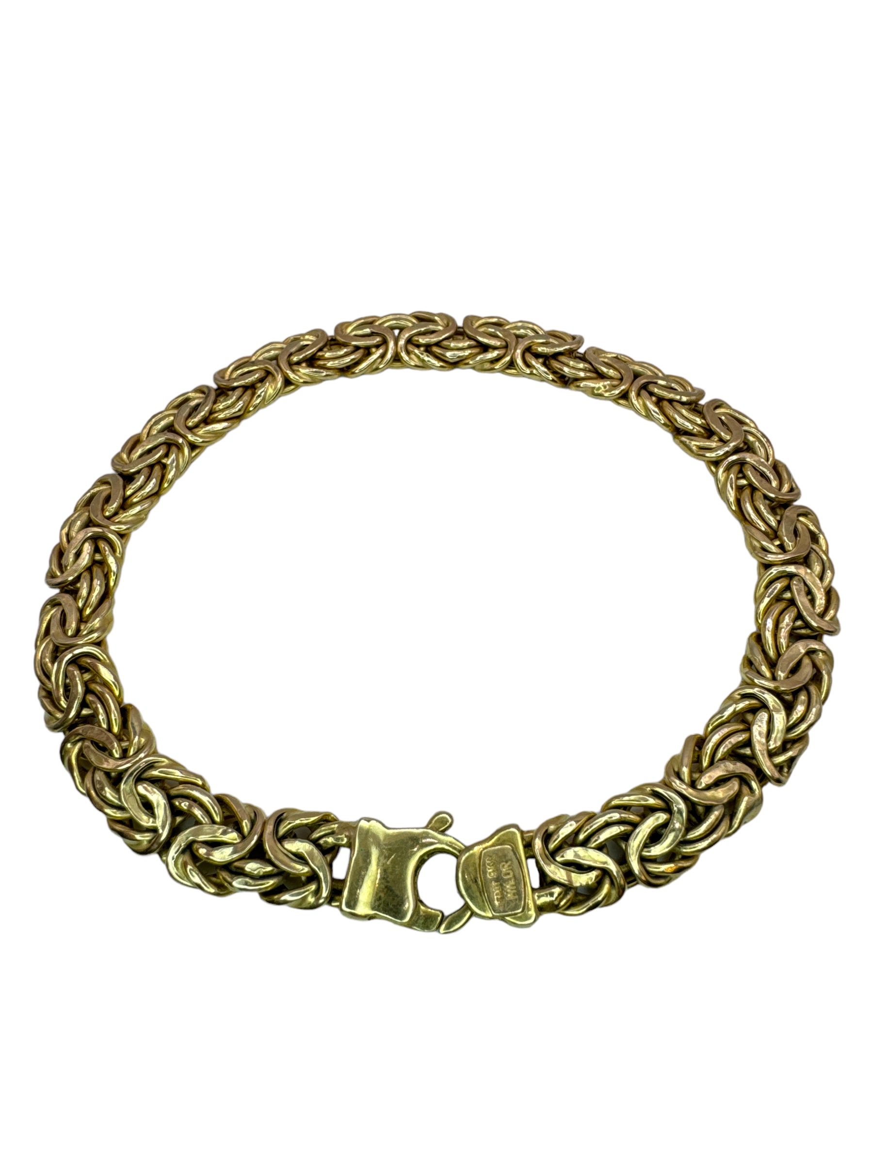 A 9ct yellow gold flat Byzantine chain bracelet. With lobster clasp. Approximate length 19cm. - Image 2 of 2