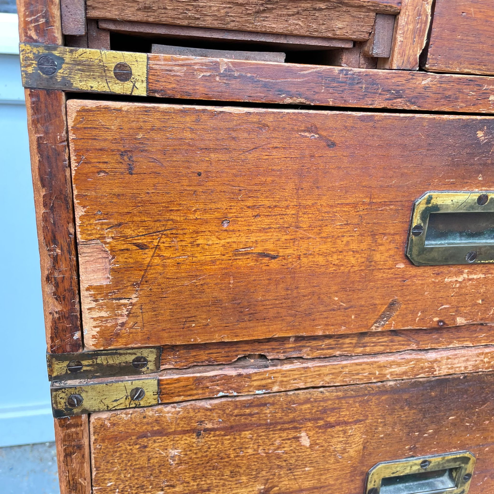 A 19th Century oak two section campaign secretaire chest, with a central secretaire drawer flanked - Image 7 of 9