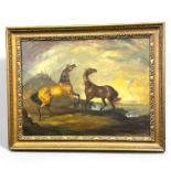 A large oil on canvas Juliet McLeod (1917 - 1982) two wild horses with a storm in the distance,