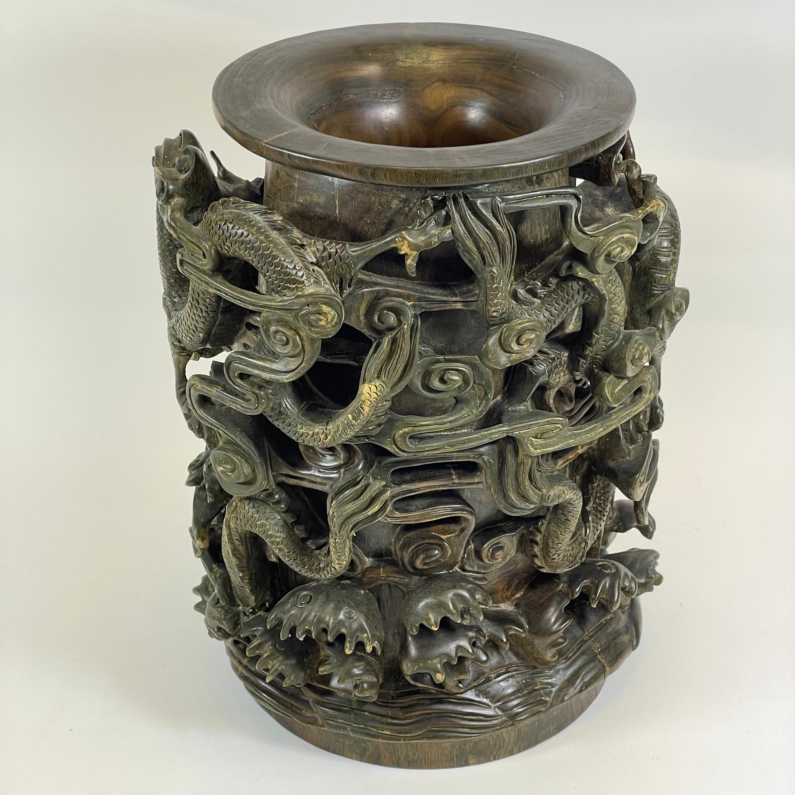 Large Deeply Carved Hardwood Chinese Brush Pot / Vase. Profusely Decorated With Dragons & - Image 6 of 9