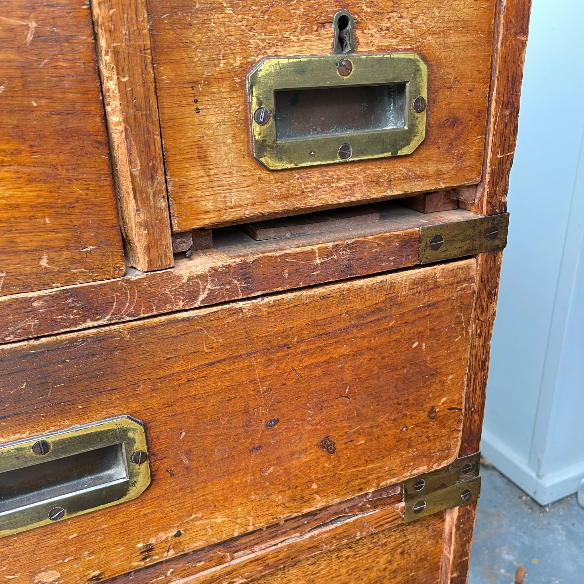 A 19th Century oak two section campaign secretaire chest, with a central secretaire drawer flanked - Image 6 of 9