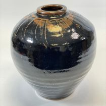 Large Bernard Leach Stoneware Vase Tenmoku Type Glaze BL & St Ives Marks  Marks obscured by glaze.
