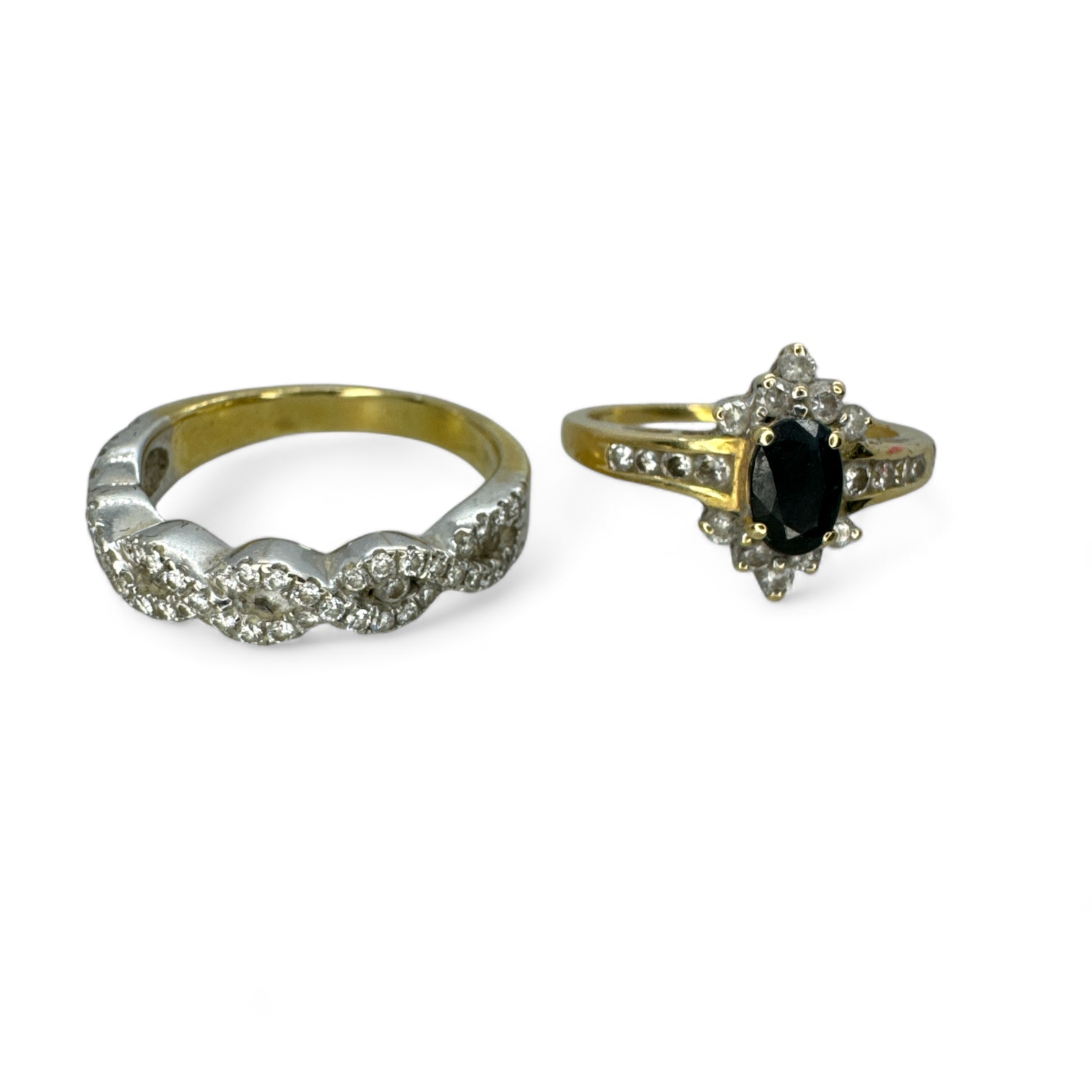 An 18ct gold sapphire and diamond cluster ring along with an 18ct gold diamond weave ring. The - Image 2 of 2