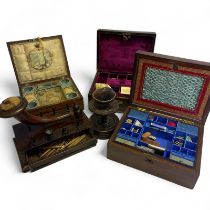 A collection of 19th Century sewing related items, including 3 work boxes, a pin cushion and a