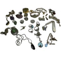 A collection of silver and costume jewellery. To include five 925 silver rings; a blue john freeform