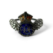 An RAF sweetheart ring, formed from an enamelled sterling silver marked brooch, added to a white