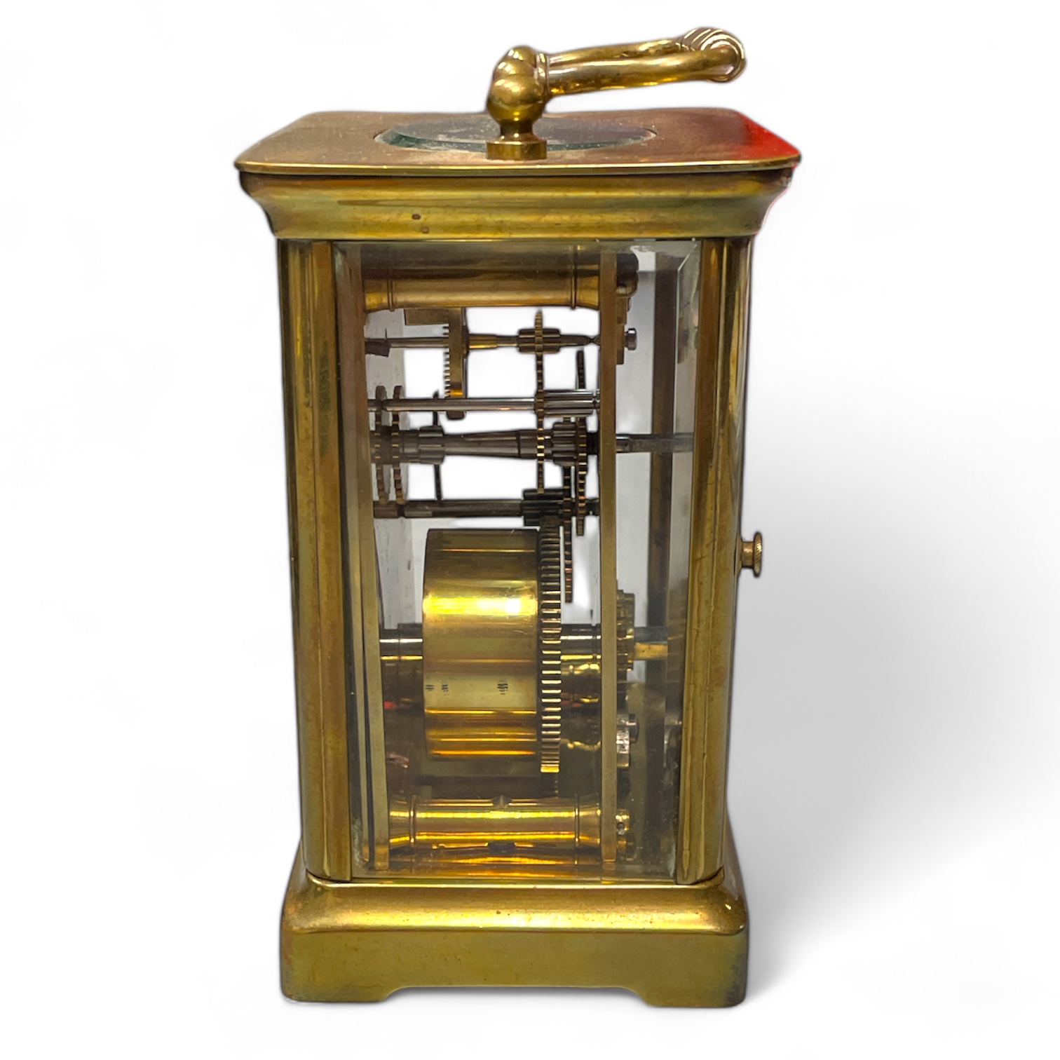 A brass carriage clock, 12cm tall with handle down in an associated leather case, in running order. - Image 3 of 3