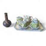 ***AWAY*** A miniature Moss ware cabaret tea set (missing teapot lid) and a miniature cloisonné