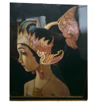 A Balinese gouache of a Young Lady signed Pradja Frame size 52cm x 58cm