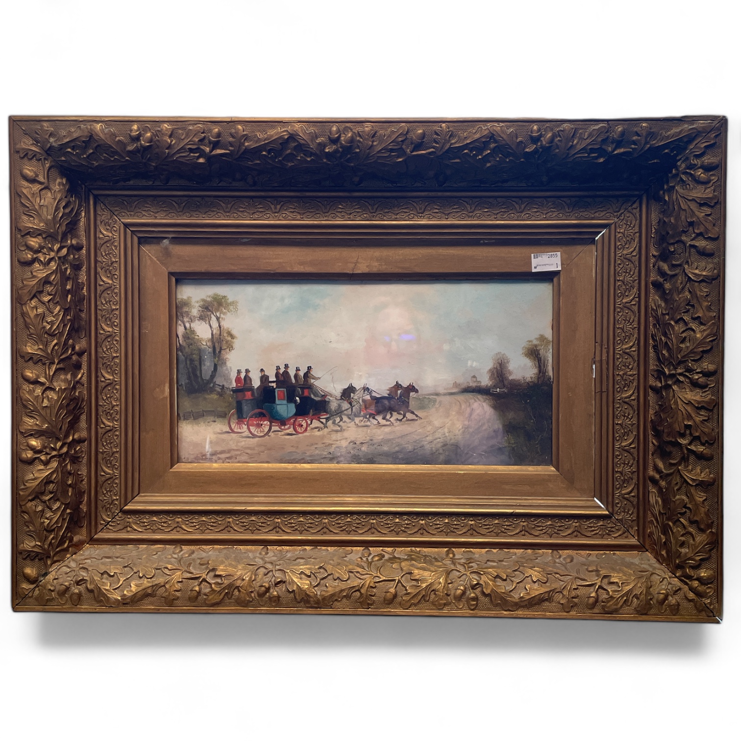 A pair of coaching scenes, oil on board signed indistinctly in gilt frames. Frame size 61cm by 43cm - Image 2 of 3